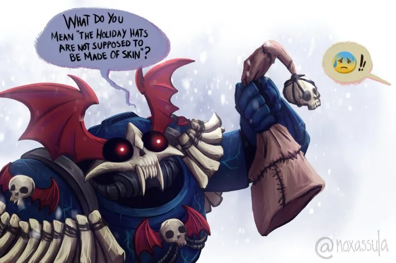 A demonic, skeletal figure with red wings and glowing red eyes, wearing blue armor and holding a sack with a skull, asks in…