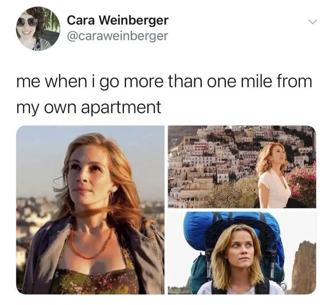A tweet by Cara Weinberger shows three images of actress Julia Roberts in different scenic outdoor settings, each with a…