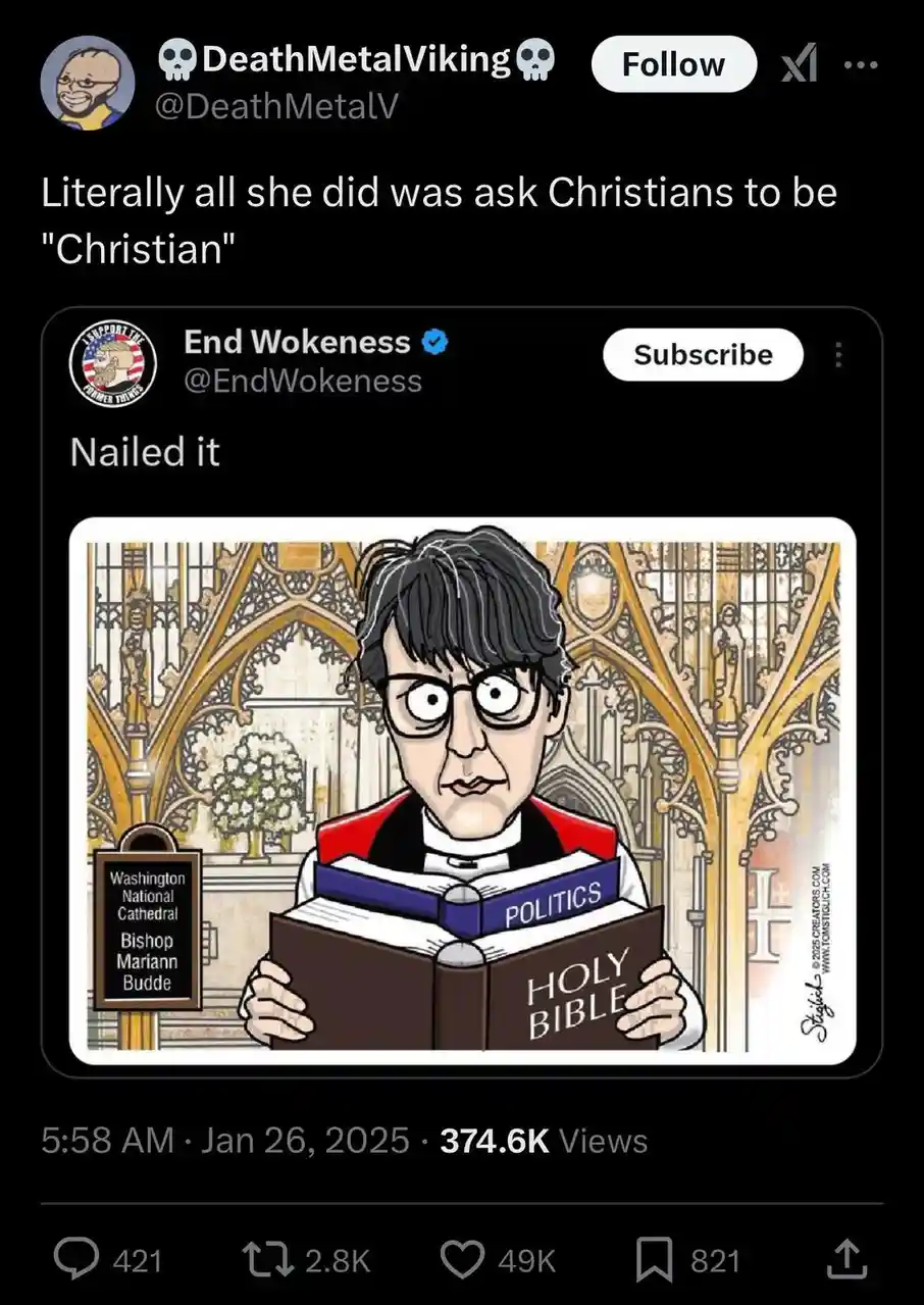A cartoon depicts a bishop holding a book labeled 'HOLY BIBLE' with another book titled 'POLITICS' on top of it, inside a…