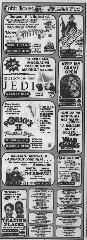 A vintage black-and-white Cobb Movies theater advertisement page from the 1980s, featuring multiple movie posters including…