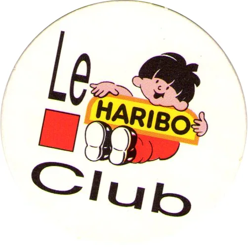 A circular sticker features the text 'Le HARIBO Club' with a cartoon child in red pants and white shoes peeking from behind…