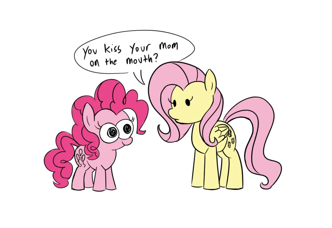 Two cartoon ponies, one pink with a curly mane and wide eyes, and one yellow with a long pink mane, are facing each other…