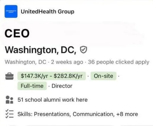 A screenshot of a job listing for a CEO position at UnitedHealth Group in Washington, DC, showing a salary range of $147.3K…