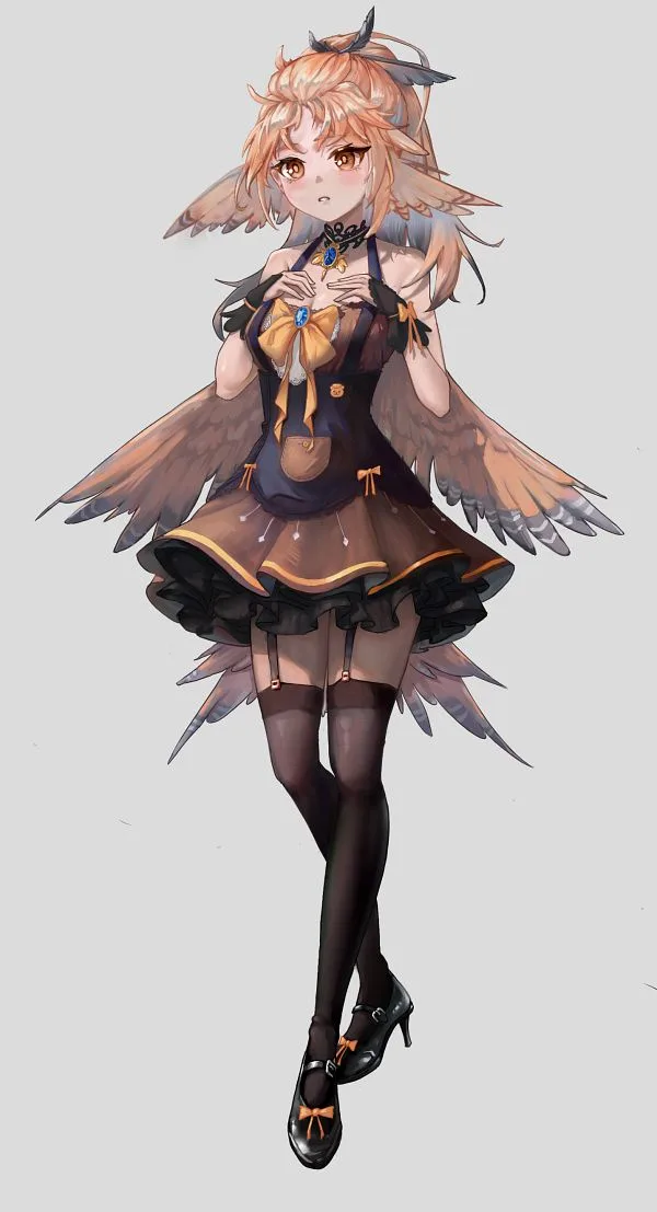 An anime-style illustration of a young woman with bird-like features, including feathered wings, feathered hair, and…