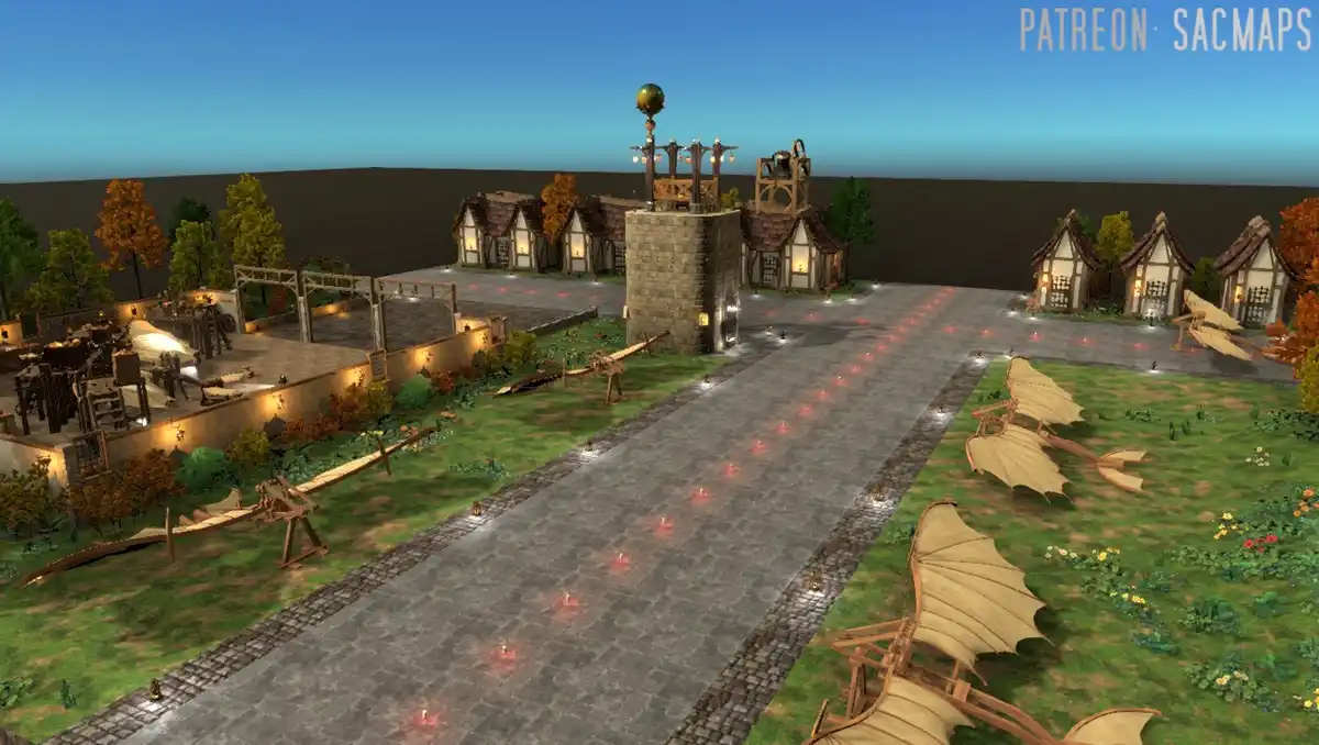 A screenshot of a medieval-style village map from a game, featuring cobblestone paths, wooden houses with thatched roofs…