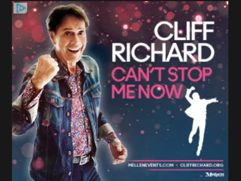 A promotional image for Cliff Richard's 'Can't Stop Me Now' tour features the singer smiling and raising his fist against a…