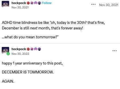 A screenshot of two Twitter posts from the same user, 'hockpock', dated November 30, 2021 and November 30, 2022. The first…