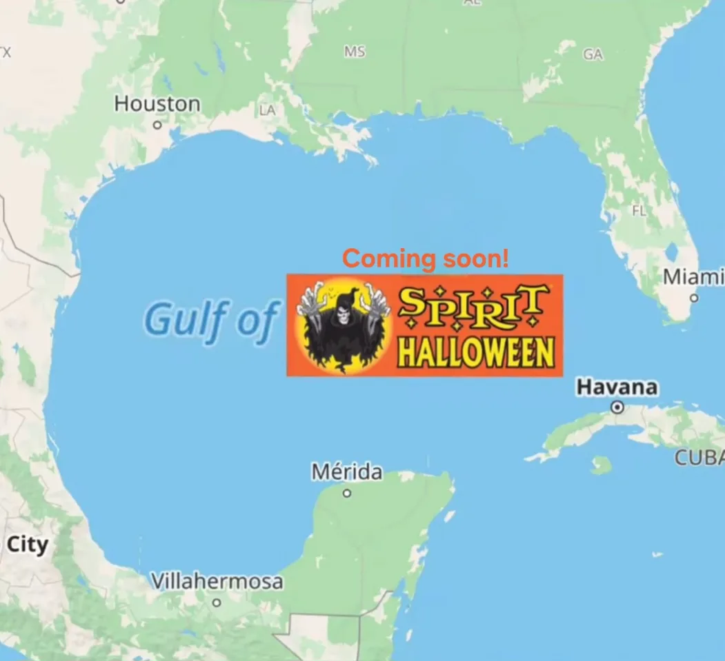 A map of the Gulf of Mexico region shows the 'Spirit Halloween' logo, featuring a black hooded figure with raised hands…