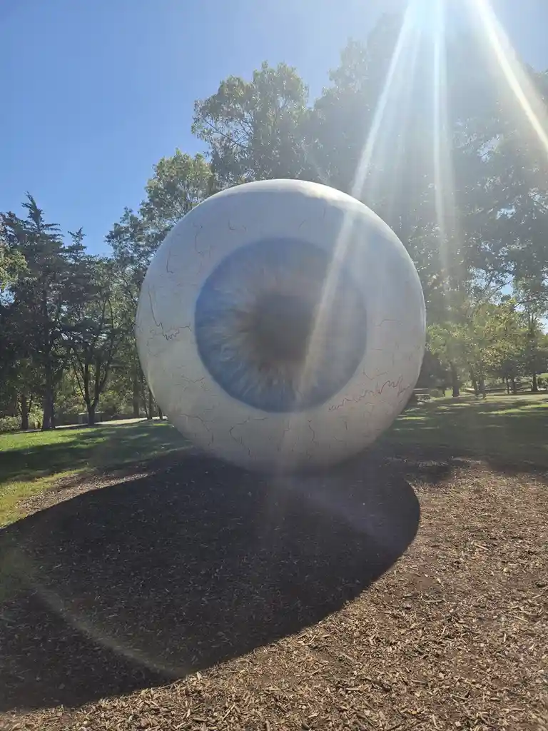A giant, realistic sculpture of a human eyeball sits outdoors in a park, surrounded by trees and mulch under a bright sun…