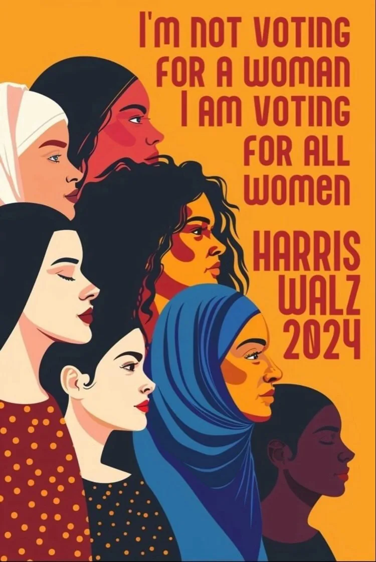 A stylized political poster features seven diverse women in profile against an orange background. The text overlaid in bold…