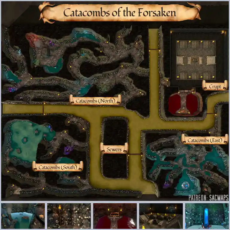 An overhead fantasy dungeon map titled 'Catacombs of the Forsaken' shows interconnected areas labeled 'Catacombs (North)'…