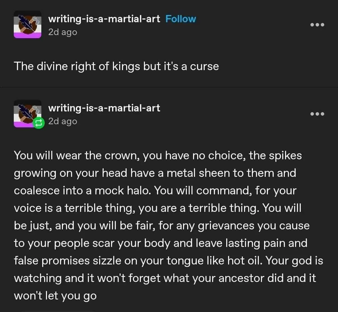 The image displays two social media posts from the same user, 'writing-is-a-martial-art', both posted 2 days ago. The first…