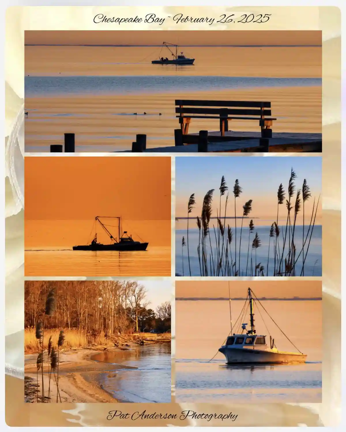 A five-panel photo collage of serene Chesapeake Bay scenes, featuring fishing boats on calm water, a wooden bench on a dock…