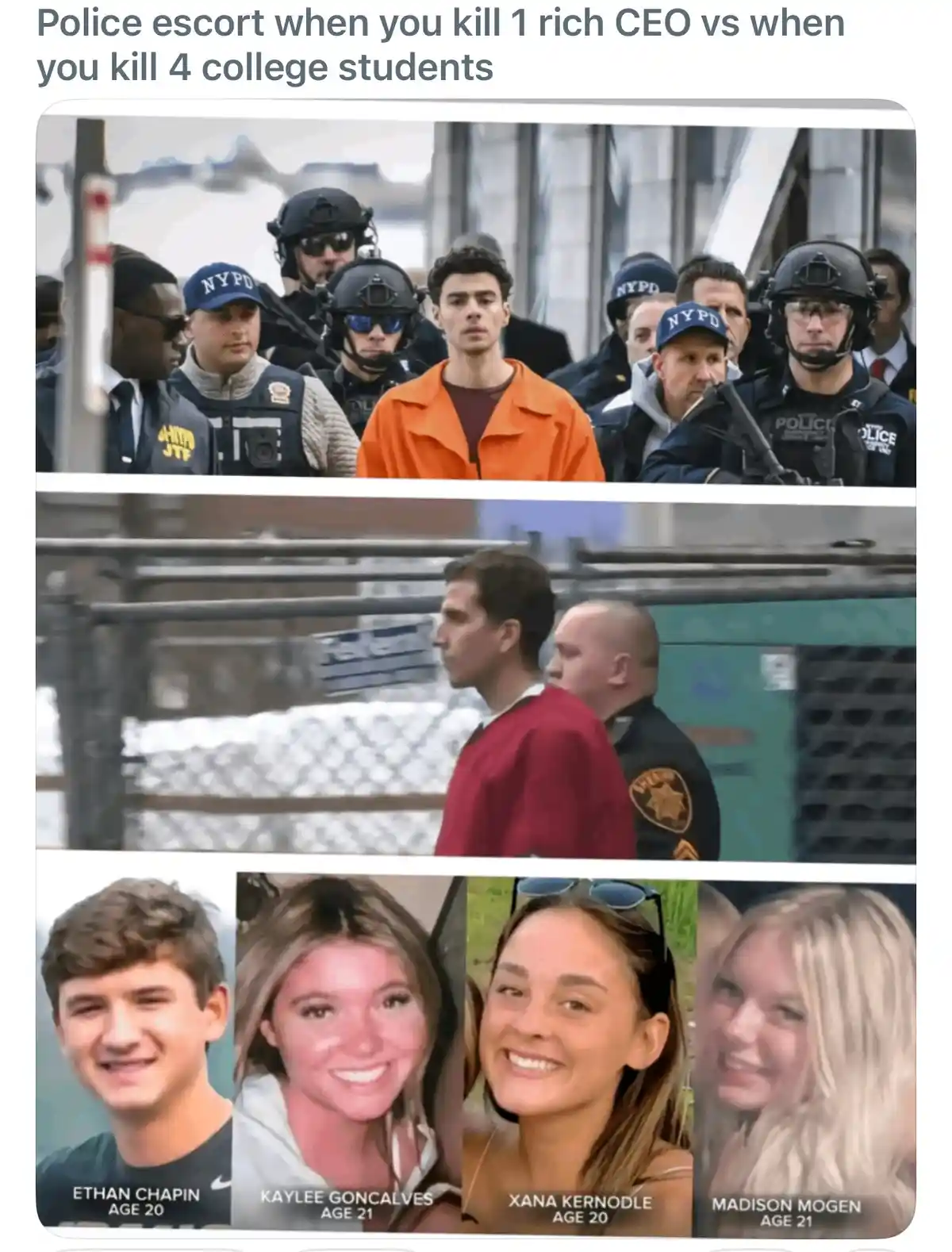 The meme contrasts two images: the top shows a young man in an orange jumpsuit surrounded by heavily armed NYPD officers…