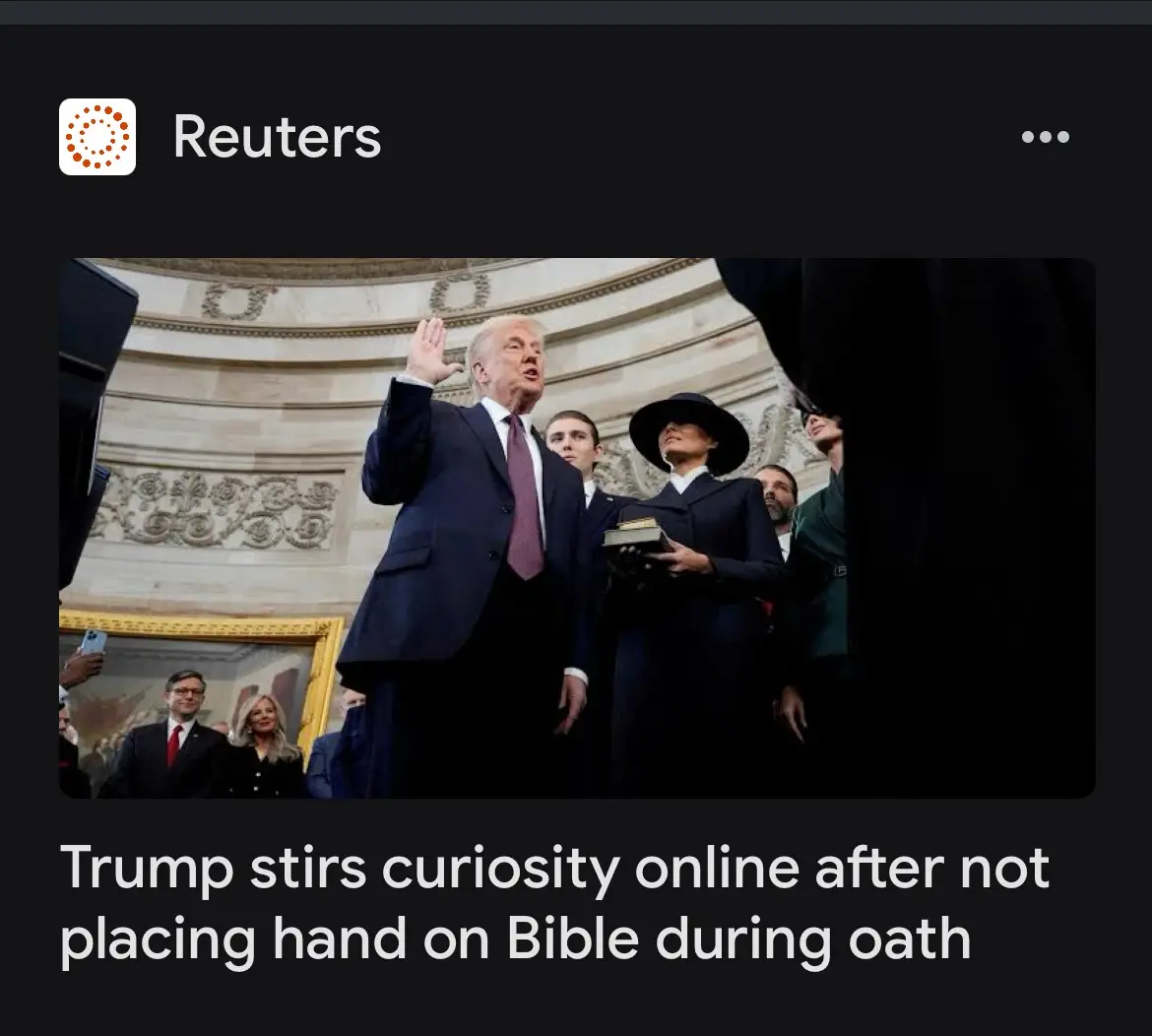 A low-angle photo shows Donald Trump raising his right hand while taking an oath of office, with a woman holding a Bible…