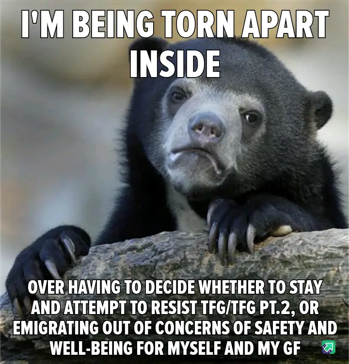 A black bear with a pensive, conflicted expression rests its paws on a log. White bold text overlaid on the image reads…