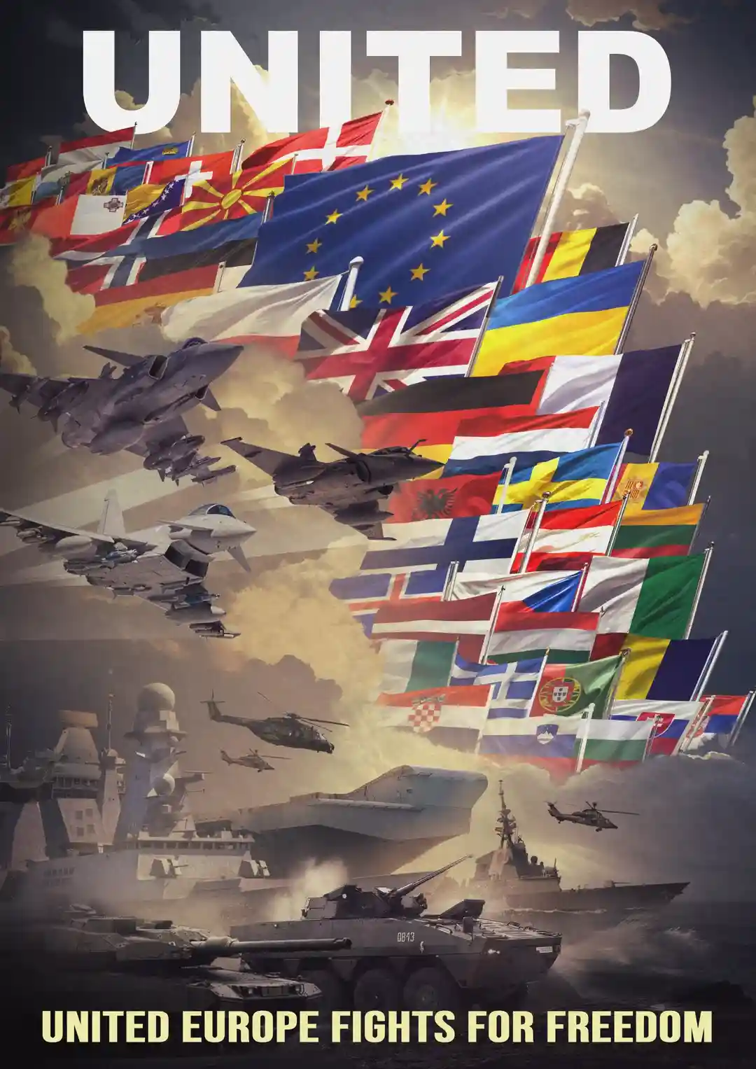 A dramatic composite image shows fighter jets, naval ships, and armored vehicles against a backdrop of numerous European…