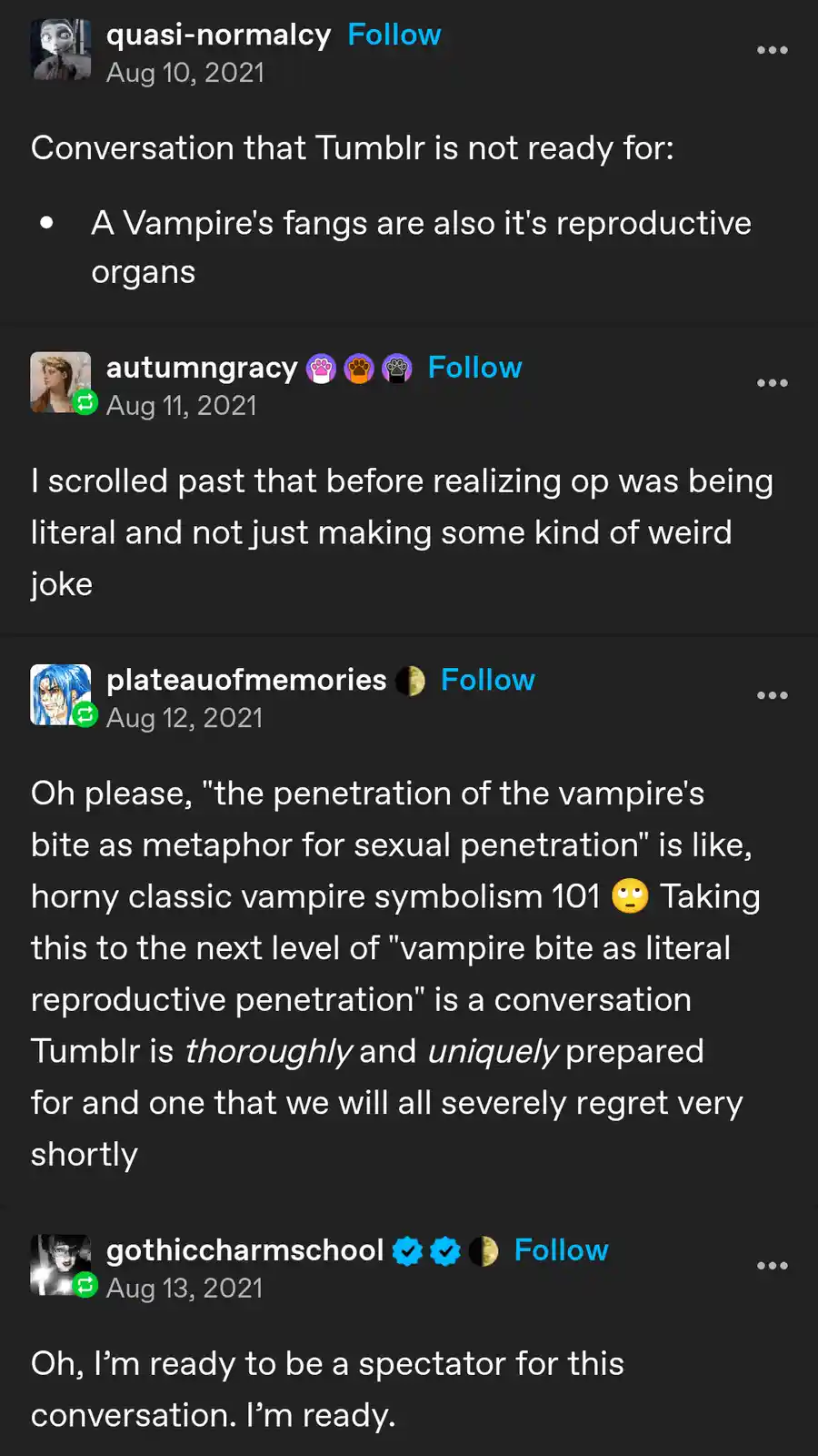 A screenshot of a Tumblr thread where the original post states 'Conversation that Tumblr is not ready for: A Vampire's fangs…