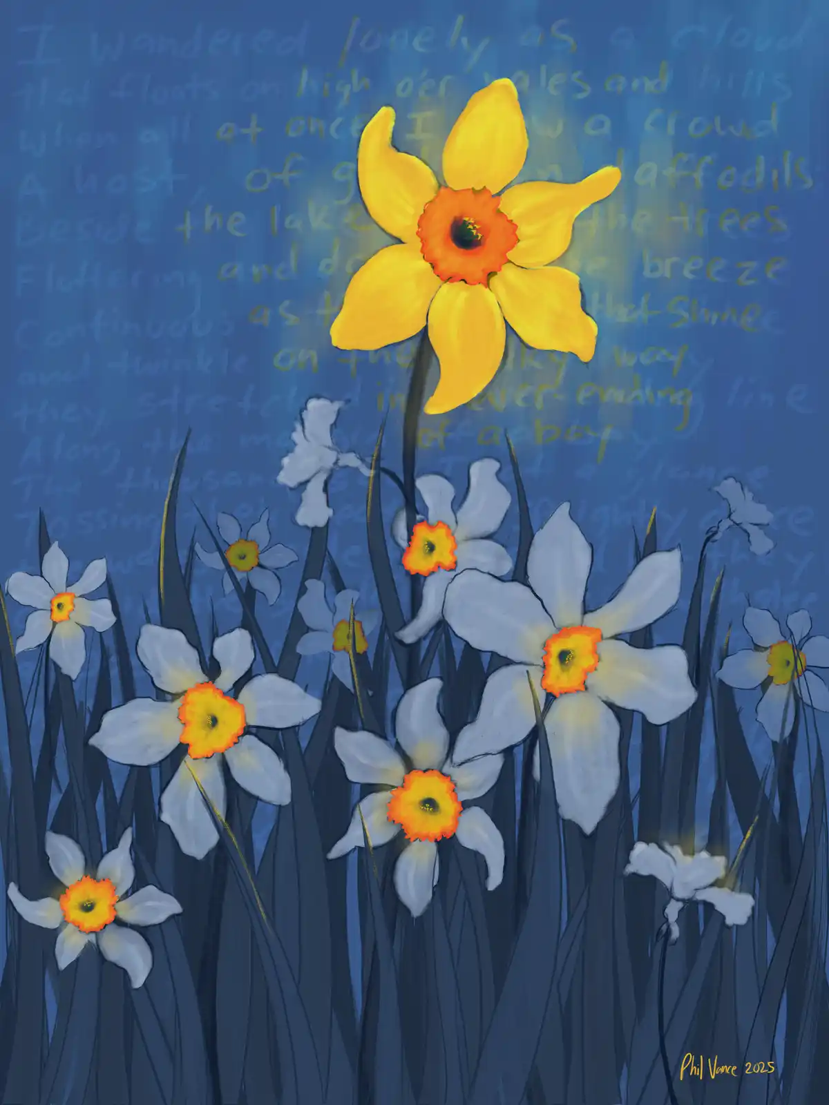 A painting of daffodils against a blue background with faint, semi-transparent text overlaying the image. The text is the…