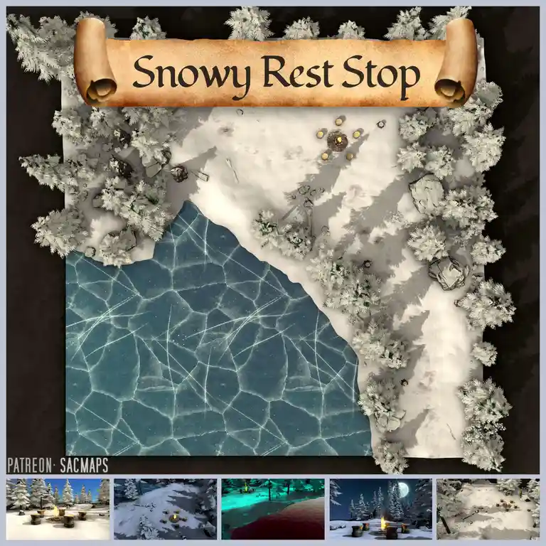 An overhead view of a snowy landscape with a campfire surrounded by logs, snow-covered pine trees, and a large frozen lake…