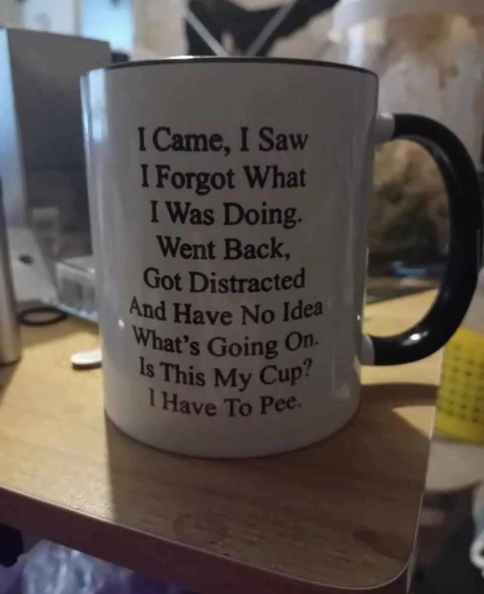 A white ceramic mug with a black handle sits on a wooden desk, featuring a humorous text that reads: 'I Came, I Saw I Forgot…