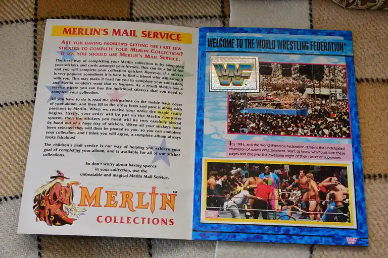 An open booklet shows a page for 'Merlin's Mail Service' promoting a sticker collection, featuring a cartoon wizard and…