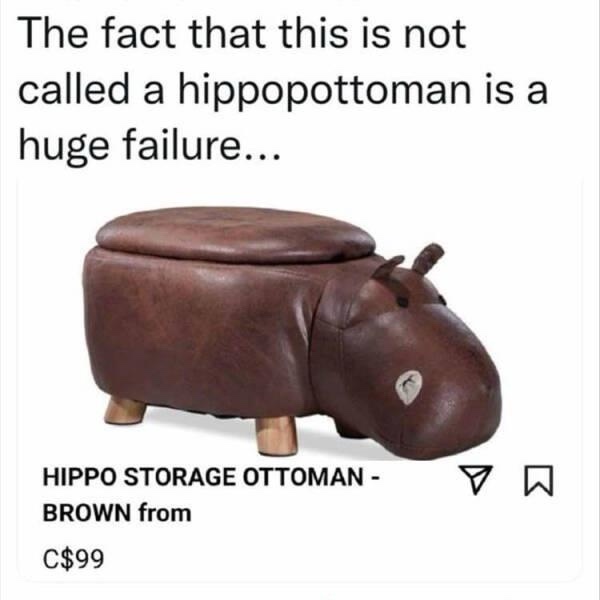 A brown leather hippo-shaped storage ottoman with small wooden legs and a rounded lid, shown against a white background with…