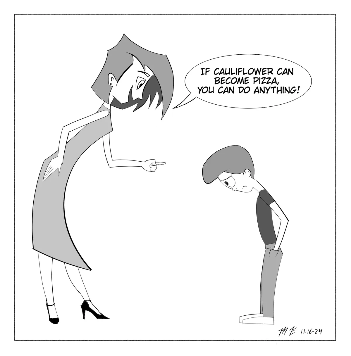 A cartoon woman in a dress and heels points angrily at a smaller, dejected cartoon man in a t-shirt and pants. The woman's…