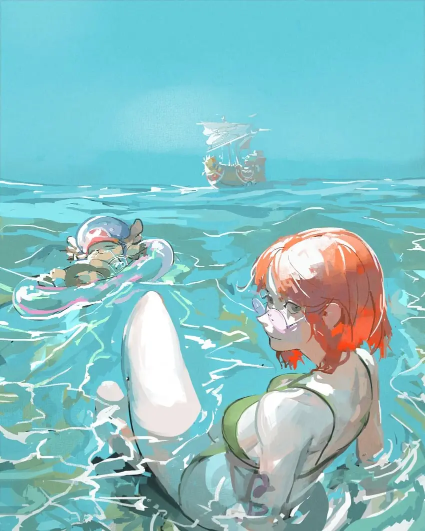 An anime-style illustration shows a red-haired girl with glasses, wearing a green swimsuit and sitting in ocean water, with…