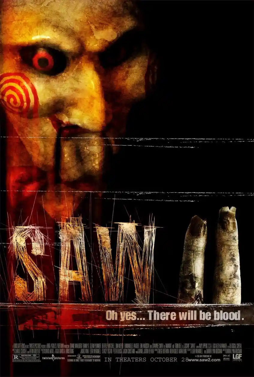 The image is a movie poster for 'Saw II' featuring the masked killer Jigsaw with a red spiral on his cheek, red eyes, and a…