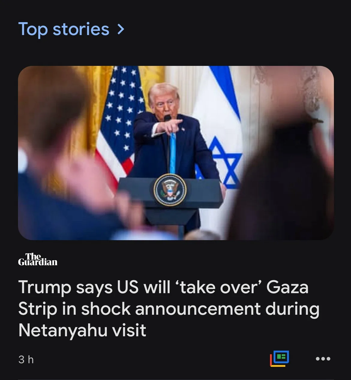 A screenshot of a news article from The Guardian shows a photo of Donald Trump pointing from behind a podium with the…