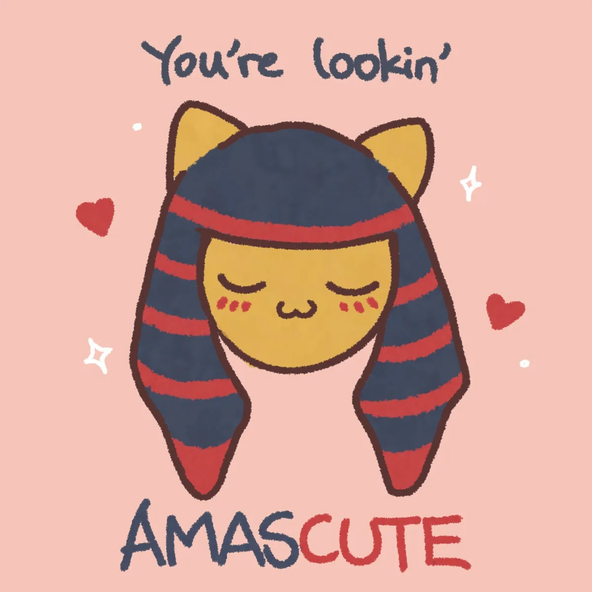 A cute cartoon cat with closed eyes and rosy cheeks wears a blue and red striped Egyptian-style headdress with cat ears. The…