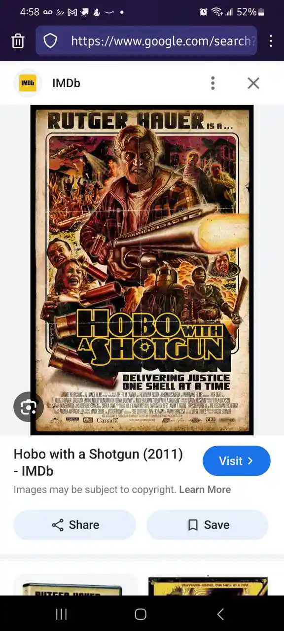 The image displays the movie poster for 'Hobo with a Shotgun' (2011), featuring Rutger Hauer as the central character…