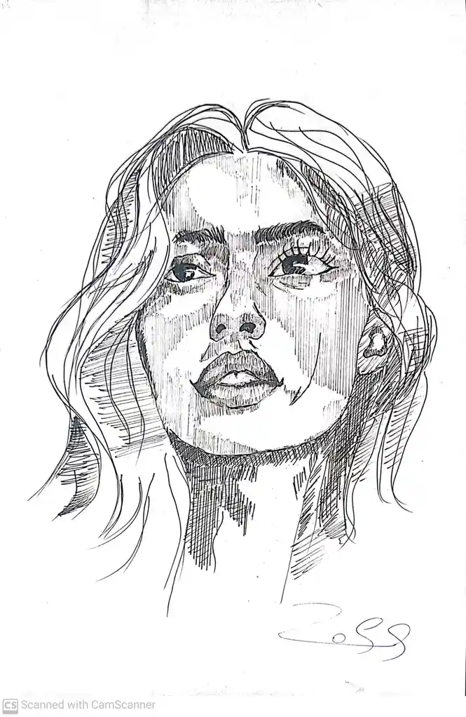 A black-and-white ink sketch depicts a woman's face with long hair, detailed shading, and expressive eyes. The image has a…