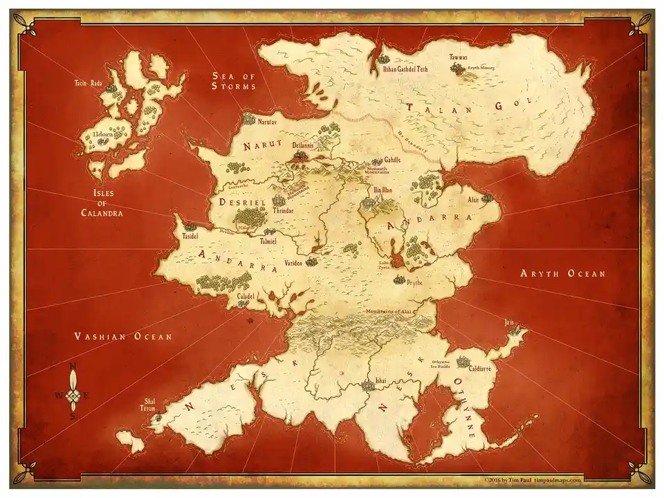A fantasy-style map of a fictional world with various continents, oceans, and labeled regions such as 'Talan Gol'…