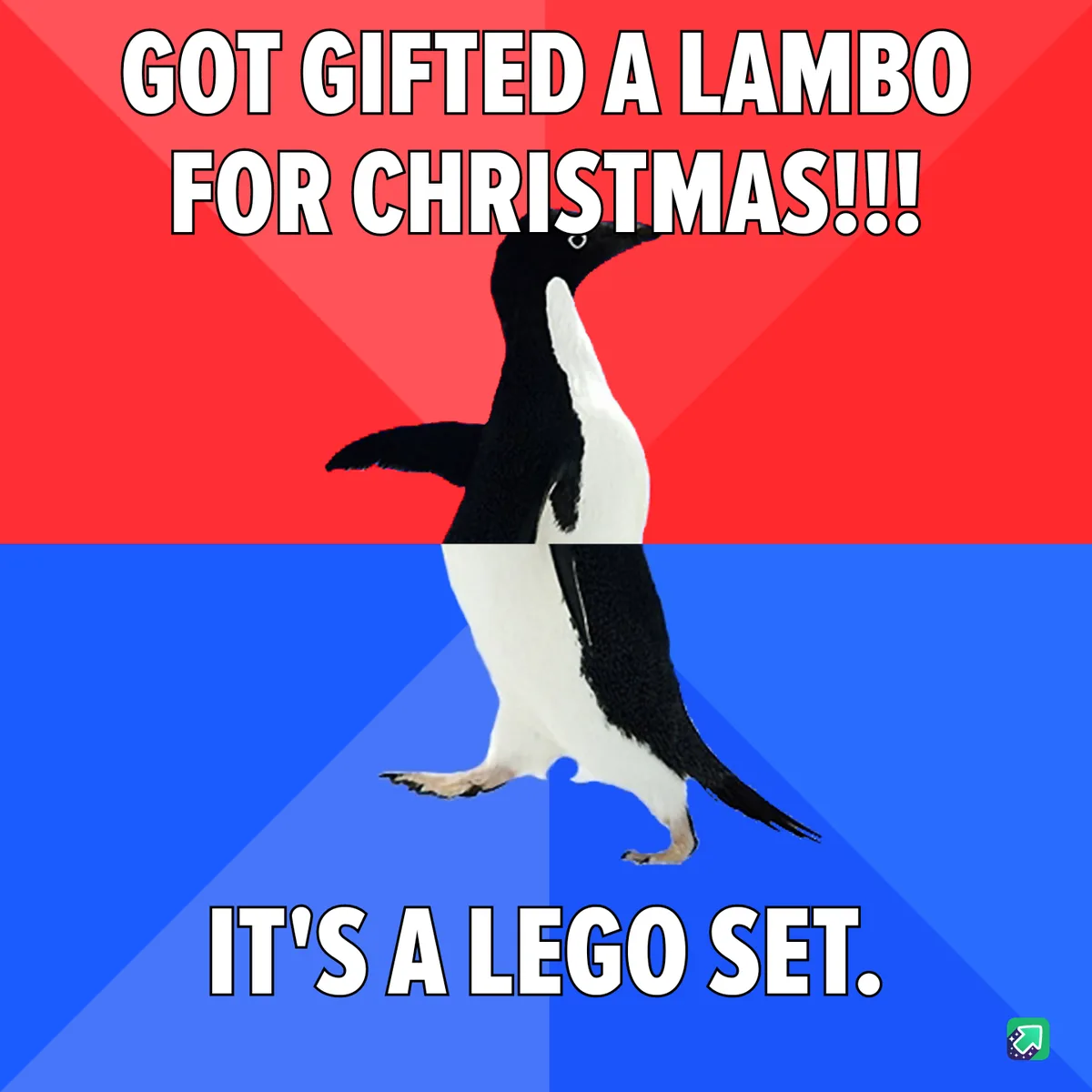 A penguin stands against a red and blue background, with text at the top reading 'GOT GIFTED A LAMBO FOR CHRISTMAS!!!' and…