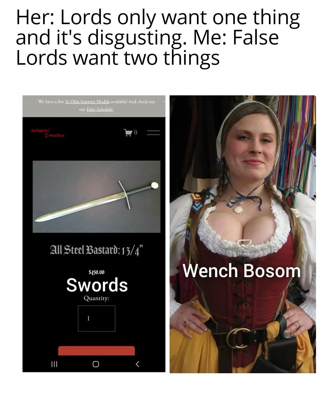 The image is split: left side shows a product page for a sword named 'All Steel Bastard' priced at $450.00, right side shows…