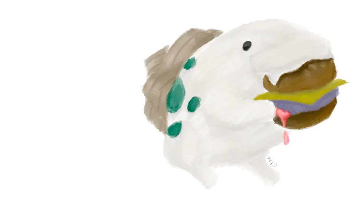 A watercolor-style drawing of a white, fluffy creature with brown hair and green spots, holding a burger in its mouth with…