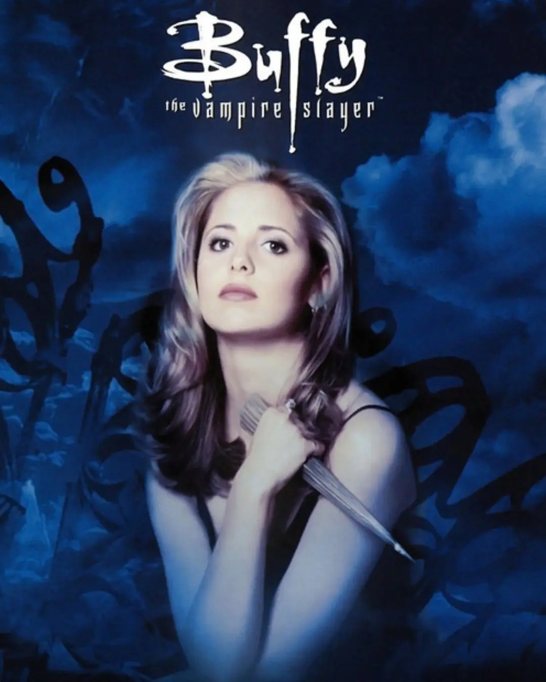 A promotional poster for the TV show 'Buffy the Vampire Slayer' featuring the main character, Buffy, holding a stake. She…