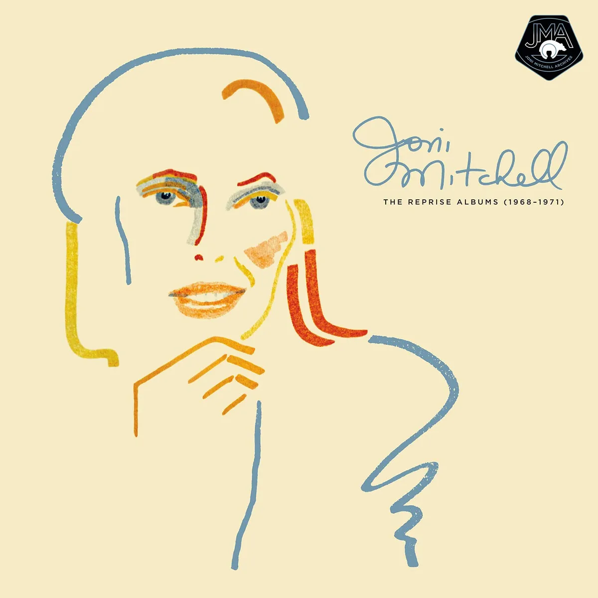 An abstract, stylized illustration of Joni Mitchell's face and upper body, rendered with colorful, textured brushstrokes…