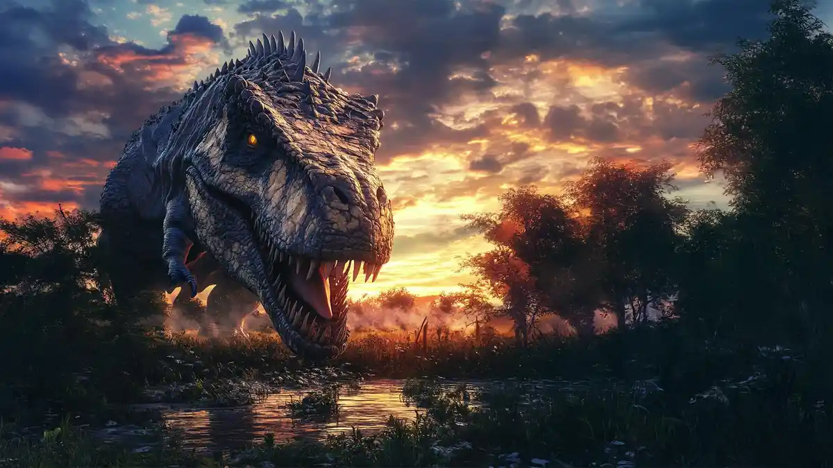 A large, realistic Tyrannosaurus rex with glowing yellow eyes and sharp teeth stands in a swampy area at sunset, surrounded…