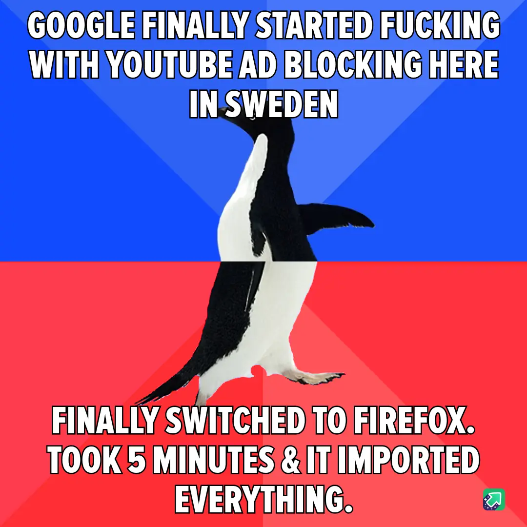 A penguin stands centered against a background split into blue and red sections, resembling the Swedish flag. The top text…