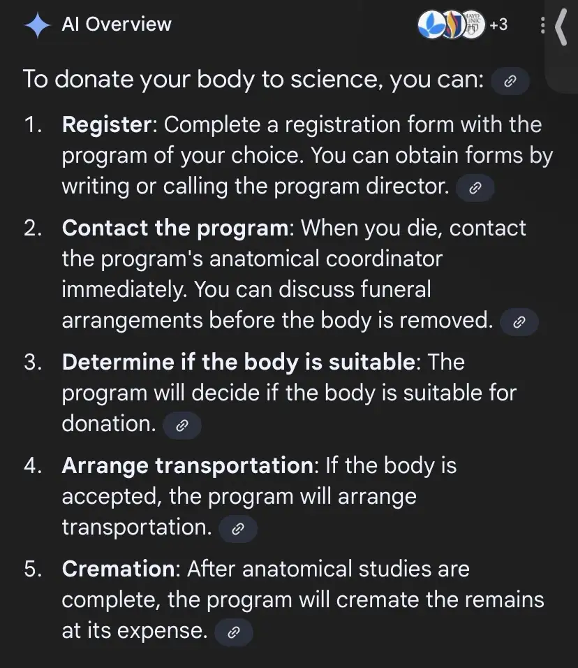 A screenshot of an 'AI Overview' page listing five steps to donate your body to science, including registering, contacting…