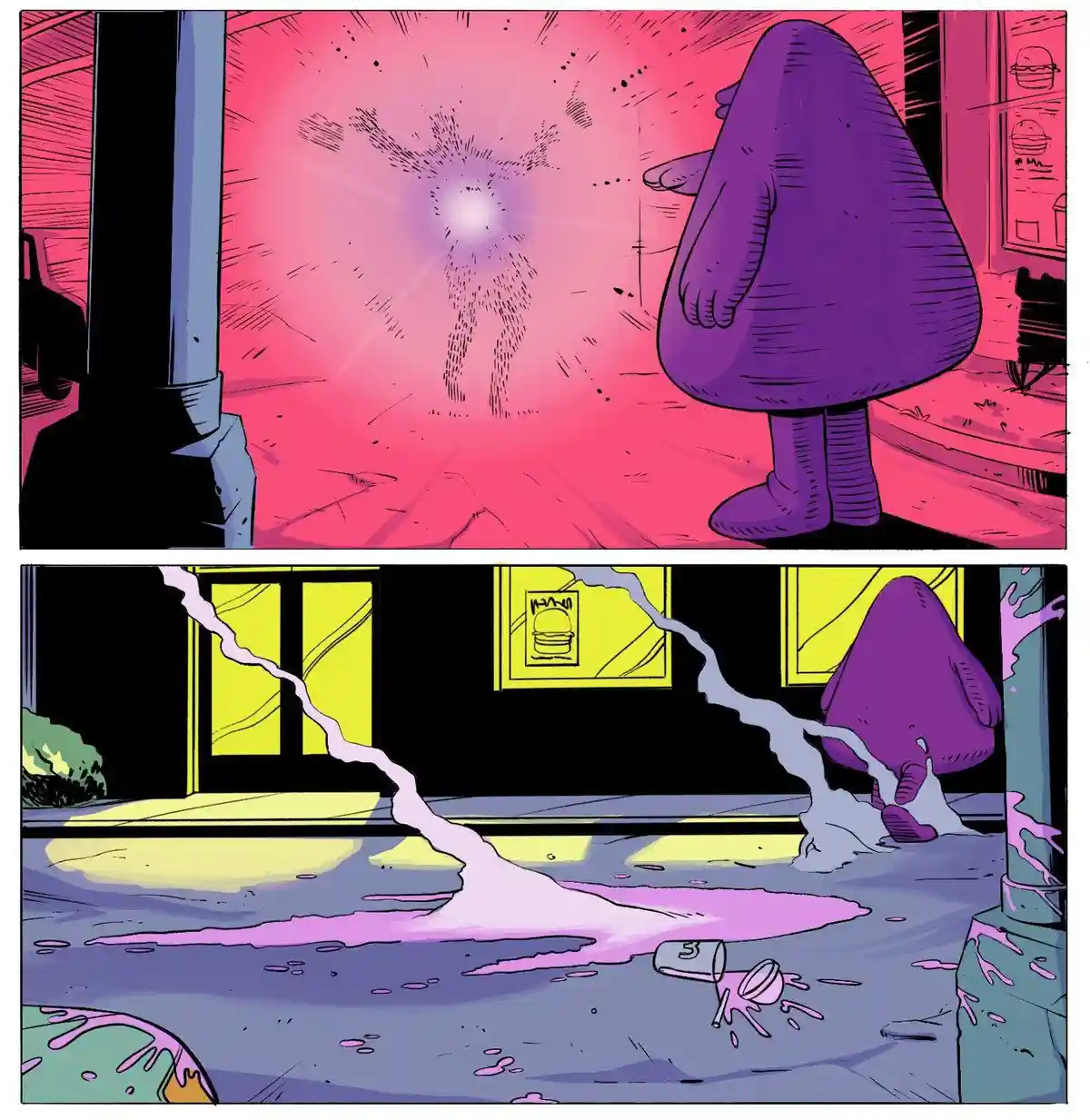 The image is a two-panel comic strip featuring the purple, cone-shaped character Bill Cipher from Gravity Falls. In the top…