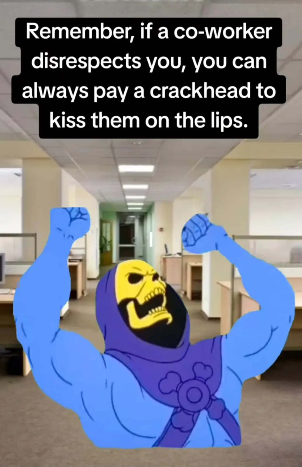 An office hallway background features a large, cartoonish Skeletor character with blue skin and a purple hood, flexing both…