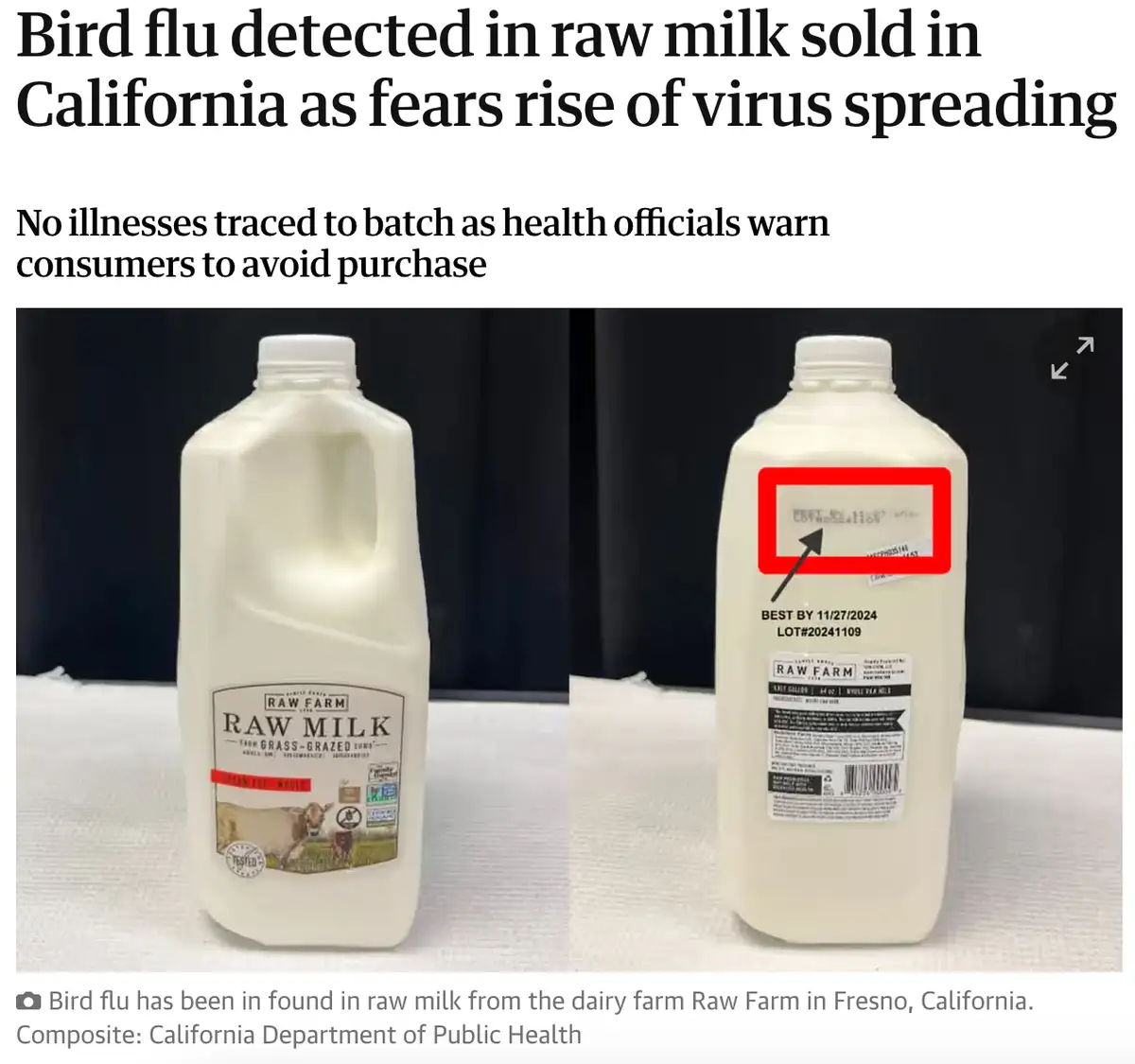 The image shows two bottles of Raw Farm raw milk, one front-facing and one back-facing, with a red box and arrow…