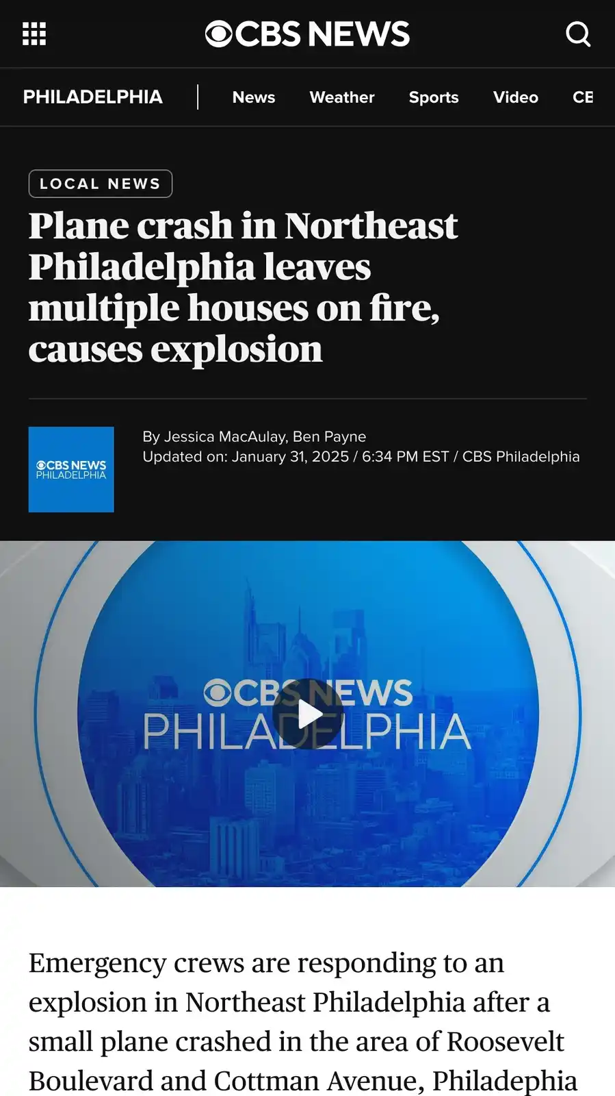 A screenshot of a CBS News Philadelphia article header showing a headline about a plane crash causing an explosion and…
