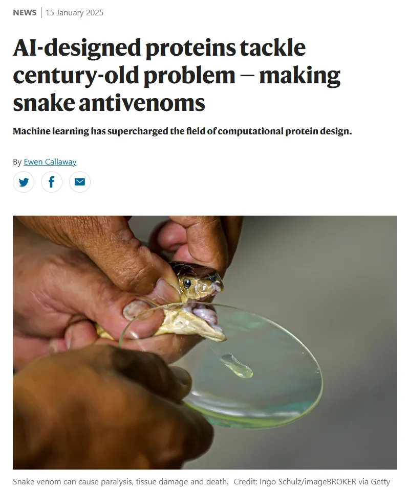 A news article headline reads 'AI-designed proteins tackle century-old problem — making snake antivenoms' overlaid on a…