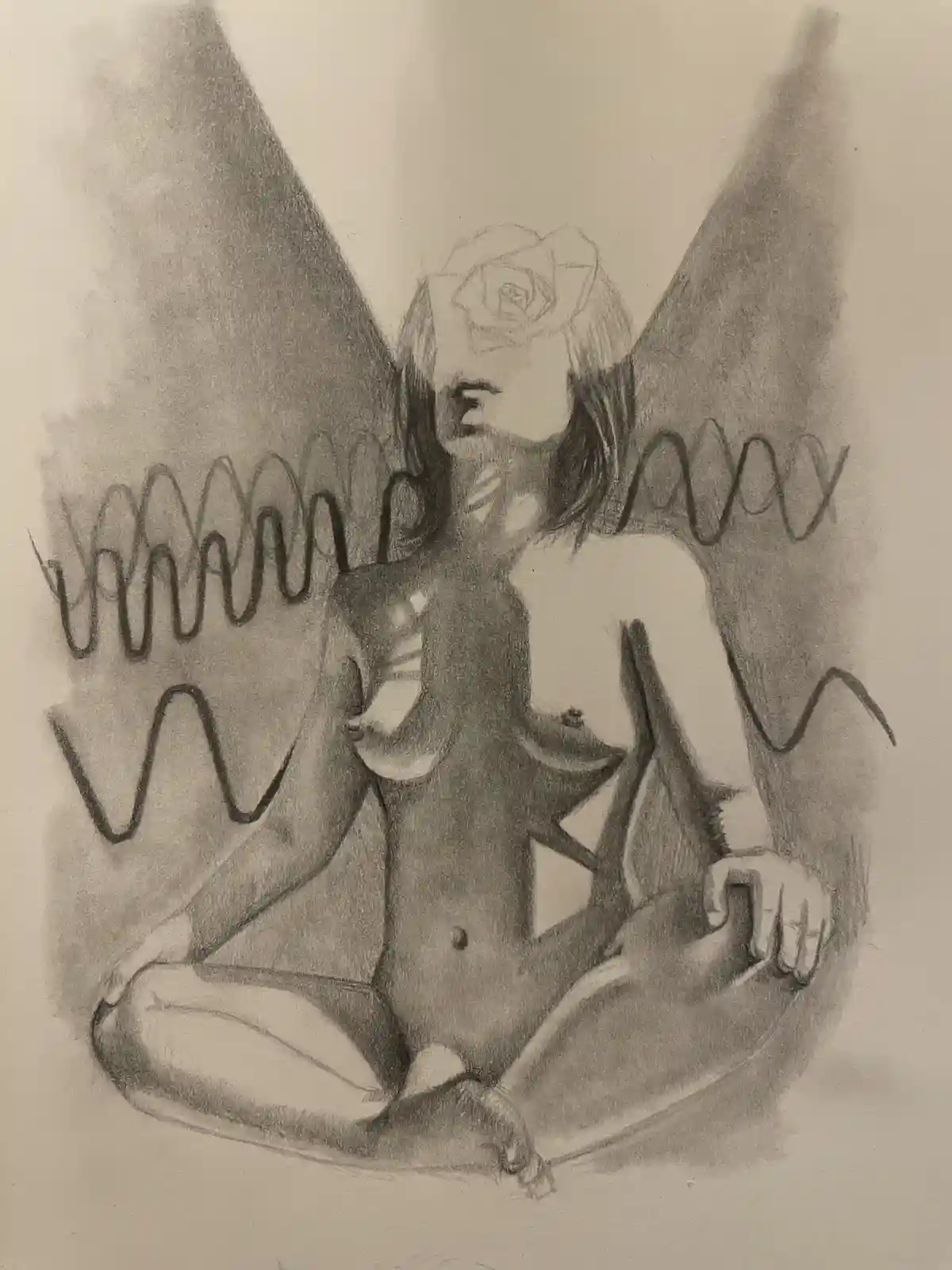 A pencil sketch depicts a nude, seated female figure with large, dark, wing-like shapes behind her and a rose drawn on her…