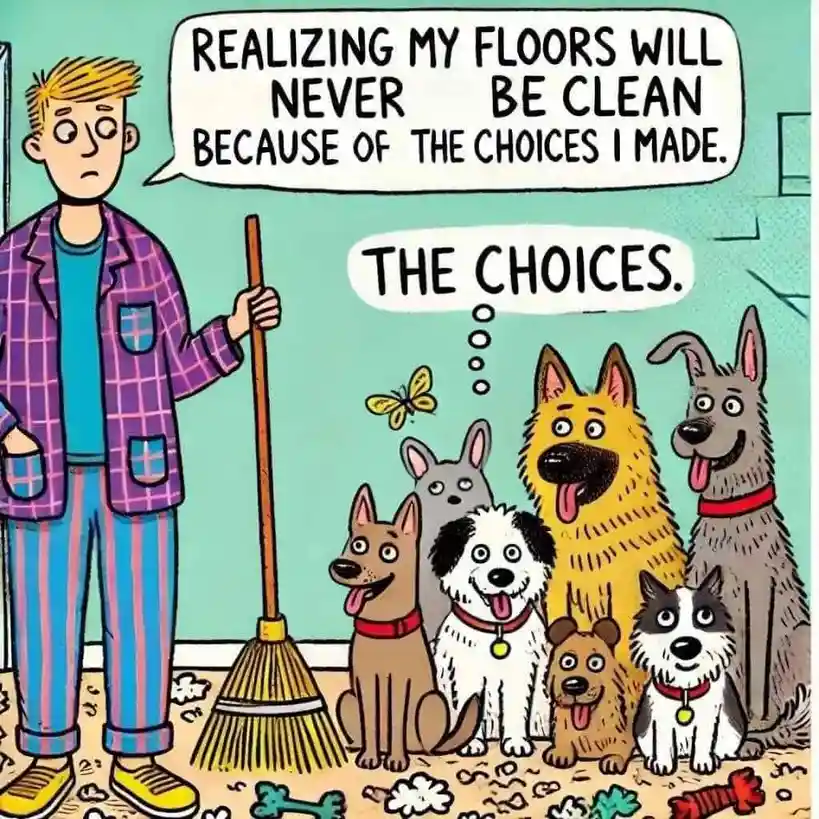 A cartoon man in pajamas holding a broom stands in a messy room with seven dogs of various breeds sitting on a dirty floor…